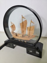 Vintage Chinese Carved Cork Ship Diorama behind Glass and Black Lacquer Frame - £61.32 GBP