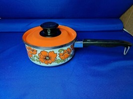 Vintage Orange Poppy   Enamel Cookware Saucepan 1 qt. 6” With Lid MCM - £18.32 GBP