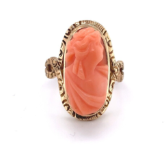 Victorian Genuine Natural Coral Cameo 14K Yellow Gold Ring Size 5.75 (#J5976) - £358.77 GBP