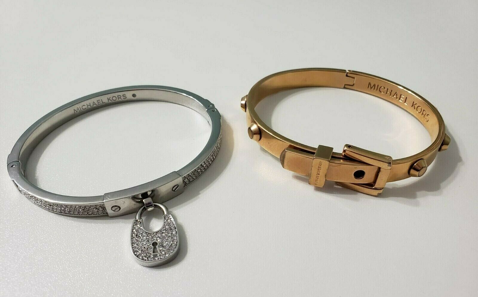 Primary image for MICHAEL KORS Lot of 2 Silver Padlock / Goldtone Studded Buckle Bangle Bracelets