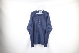 Vintage 90s Streetwear Mens Large Wool Blend Ribbed Knit Henley Sweater Blue - £46.68 GBP