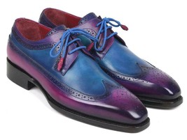 Paul Parkman Men Shoes Derby Purple Blue Wingtip Goodyear Welted Handmade 511V63 - £482.55 GBP