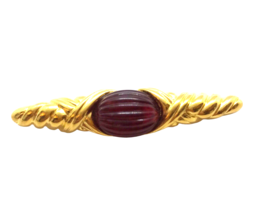 Vintage Trifari Red Cabochon Grooved Center Stone Twisted Mod Metal Bar Brooch - £23.32 GBP