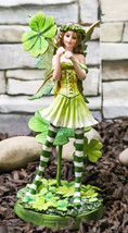 Green Shamrock Lucky Clovers Spring Garden Fairy With Striped Leggings Figurine - £35.95 GBP