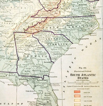 1920 Map South Atlantic States Physical Political Virginia NC SC GA FLA ... - $568.44 MXN