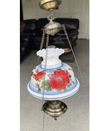 Vintage Large Swag Hanging Hurricane Lamp Fixture Ruffle Painted Poppy - $356.39