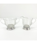 Etched Glass Sugar Creamer Set Sterling Silver Base Marked Crown H in Bo... - $950.66 MXN