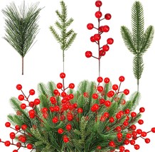 100 Pieces Artificial Pine Needles Branches And Artificial Red Berry Stems Fake - £30.36 GBP
