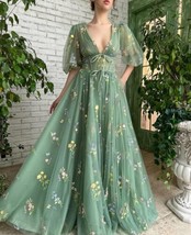 Green Embroidered Lace Prom Dress Bubble Sleeve A-Line Long Dress 2023 - £46.51 GBP