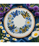 Daisy &amp; Cornflower Butterfly Wreath Cross Stitch Pattern | 250x250 Flora... - $91.17 MXN