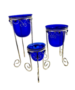 Cobalt Blue Candleholders Silver Pedestal Set of Three - £35.38 GBP