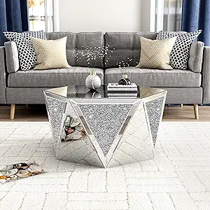 Drum Coffee Table Mirrored With Crystal Inlay, Hexagon Silver Accent Table, Mode - £868.53 GBP
