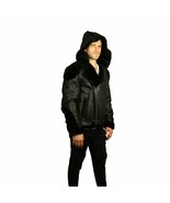 ZOOLOO Men&#39;s Sheepskin Shearling Moto Jacket with Hood - £432.07 GBP