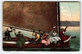 Ship Boat Postcard Victorian Women Wave Hats On Sailboat American News Antique - £29.04 GBP