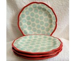 4 Salad Plates PIONEER WOMAN 8.5&quot; Scalloped Red Rim HAPPINESS Stoneware - £23.97 GBP
