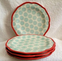 4 Salad Plates PIONEER WOMAN 8.5&quot; Scalloped Red Rim HAPPINESS Stoneware - £24.03 GBP