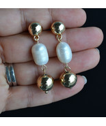 Long drop earrings, natural pearl earrings, gold (E965) - £9.42 GBP