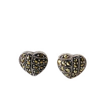 Vintage Sterling Silver 925 Heart Marcasite Gemstone Pierced Stud Earrings - $29.70
