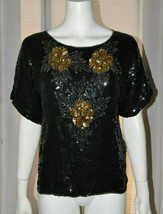 Vintage Black Sequin Blouse Top sz Medium M Floral Evening Cocktail Party Tunic - £24.08 GBP