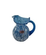 Vintage Hand Blown Ruffled Swirl Blue White Speckled Art Glass Pitcher V... - $16.57