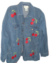 Denim Jean Jacket Embroidered Beaded CHERRIES Retro Rockabilly M Quacker Factory - £28.07 GBP