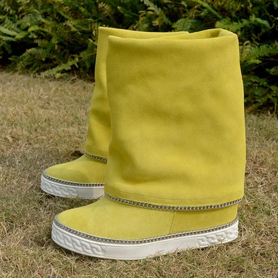 Winter 8 Cm Inner Increase Mid Calf Boots For Women Yellow Leather Platform Chai - £220.50 GBP