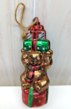 Pottery Barn Blown Glass Teddy bear gifts red green Christmas Tree Ornament - £11.68 GBP