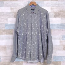 Bugatchi Uomo Floral Embroidered Shirt Blue White Striped Casual Cotton ... - £58.39 GBP