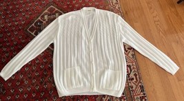 Vintage Cardigan Sweater LARGE White Great Britain Knit Ribbed V-neck ca... - $19.77