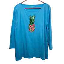 Talbots Pineapple Shirt Blue Women Size Large Sequined Cotton - $18.83