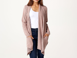 Denim &amp; Co. Brushed Rib Long Sleeve Cardigan- Misty Rose, Medium - £24.46 GBP