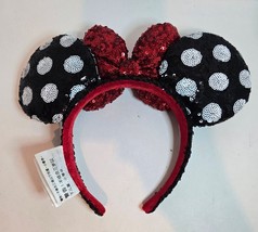 Disney Parks Minnie Mouse Sequined Black White Polka Dot Red Bow Ears Headband - £11.41 GBP