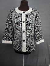 Chicos Black &amp; White Abstract Floral Print Jacket Button Cotton Cardigan Sz 0 S - £21.42 GBP