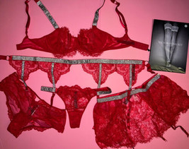 Victoria&#39;s Secret 34B,34C Bra Set+Garter Skirt+Thong+Panty Red Lace Shine Strap - £155.69 GBP
