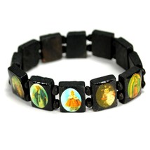 Saint Bead Bracelet Black Wood Stretch Religious Catholic Icon Jesus Angel Mary - £5.55 GBP