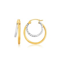 14k Two Tone Gold 0.88in Women&#39;s Double Hoop Hammered Texture Earrings - £150.00 GBP