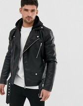 Mens Leather Jacket with Hood Black Lambskin Moto Biker Size S M L XL Custom Fit - £121.94 GBP