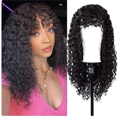 18&quot; Black Jerry Curly Human Bang Wig - £170.49 GBP