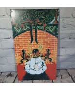 Vtg Tin Sign Merry Christmas Fireplace Girl in Pajamas Desperate Sign Co... - $13.12