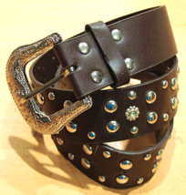 Womens Dark Brown Rhinestone Studded Belt Faux Leather ? Bling Buckle Sz Small - £15.24 GBP