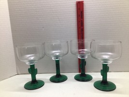 12 oz Southwest Cactus Margarita Glasses Green Stem 6&quot; Set of 4 Barware - $17.82