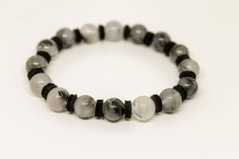 Tourmaline Bracelet Leather Bracelet 8mm Tourmalinated Quartz Bead Bracelet Mens - £21.68 GBP