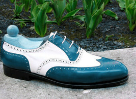 Two Tone Blue White Cont Wing Tip Full Brogue Toe Genuine Leather Shoes  2019 - £112.46 GBP