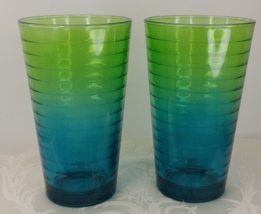 Libbey Ombre Green&amp; Blue Glasses Hoop Design 2Tone Set Of 2 16oz - $19.79