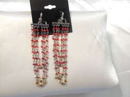 INC 3 -3/4&quot; Silver Tone Simulated Diamond Red Beaded Dangle Drop Earring... - $11.51