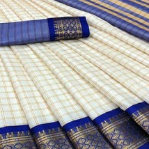 Cotton Silk Saree White &amp; Royal Blue Checks With Woven Border - £31.56 GBP