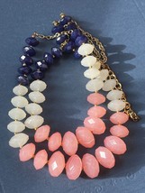 Long Double Strand Goldtone Chain w Navy Blue White &amp; Pink Chunky Plastic Bead - £11.93 GBP