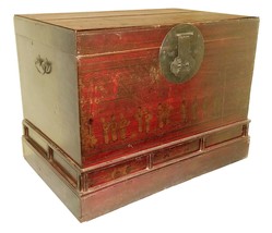 Antique Chinese Trunk (5482), Hand Painted Red Lacquer , Circa 1800-1849 - £698.96 GBP