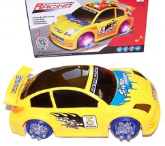 Yellow Battery Operated Bump And Go Race Car Light Up Racing Toy Flashing Music - £7.60 GBP