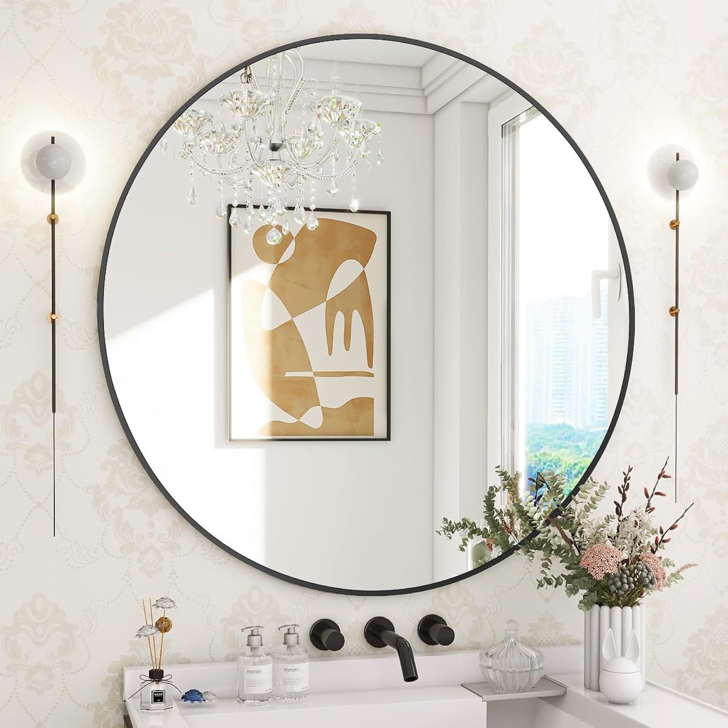 30 Inch Round Mirror, Black Metal Frame Circle Mirror, Wall Mirror For Entryway,